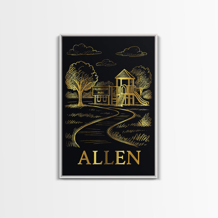 Allen Travel Poster, Canvas Print, Gold Sketch Wall Art, Allen Travel Art, Mid Century Wall Art, Travel Art Print, Watercolor City Skyline