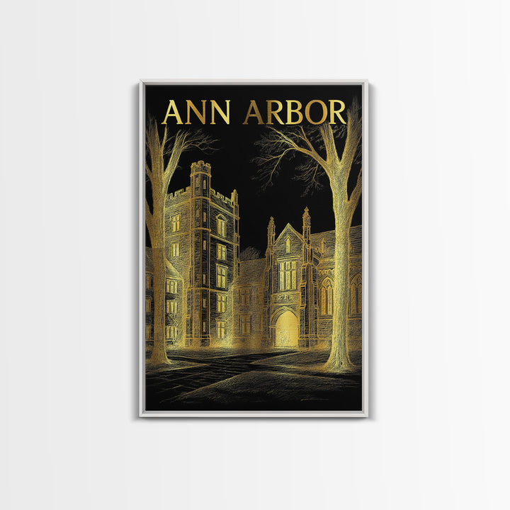 Ann Arbor Michigan Travel Poster, Canvas Print, Black And Gold Line Art, Ann Arbor Wall Art, Travel Art Print, Wall Art, City Art Print