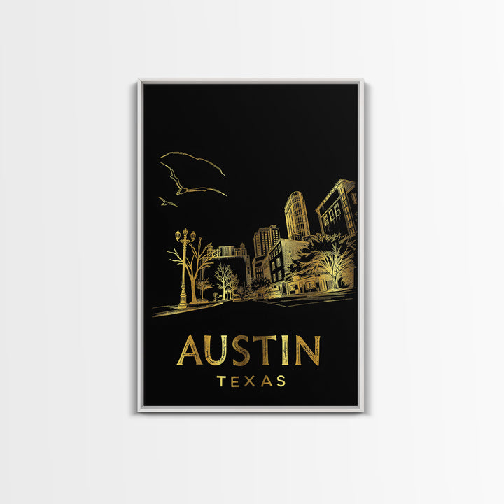 Austin Texas Travel Poster, Canvas Print, Elegant Gold City Art, Austin Travel Art, Home Office Decor, Retro Travel Print, Travel Poster Art