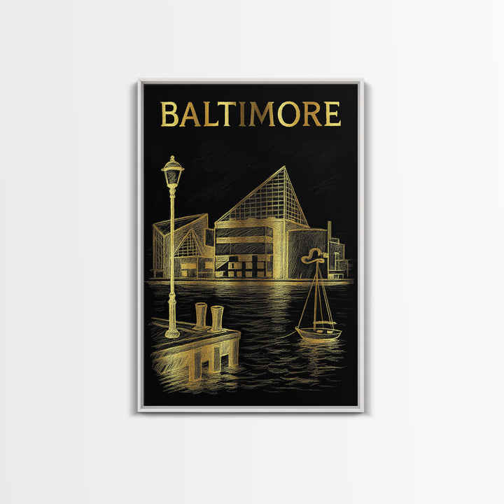 Baltimore Maryland Travel Poster, Framed Canvas Print, Gold Sketch Wall Art, Baltimore Poster Print, Mid Century Wall Art, Wanderlust Decor