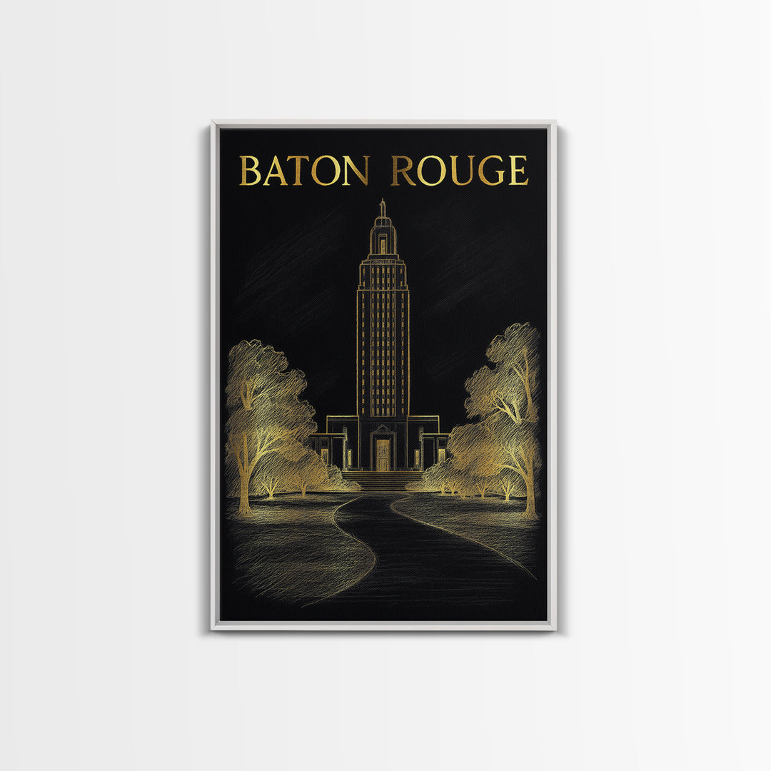 Baton Rouge Louisiana Travel Poster, Canvas Print, Black And Gold Line Art, Baton Rouge Travel Art, Home Office Decor, Eclectic Wall Decor