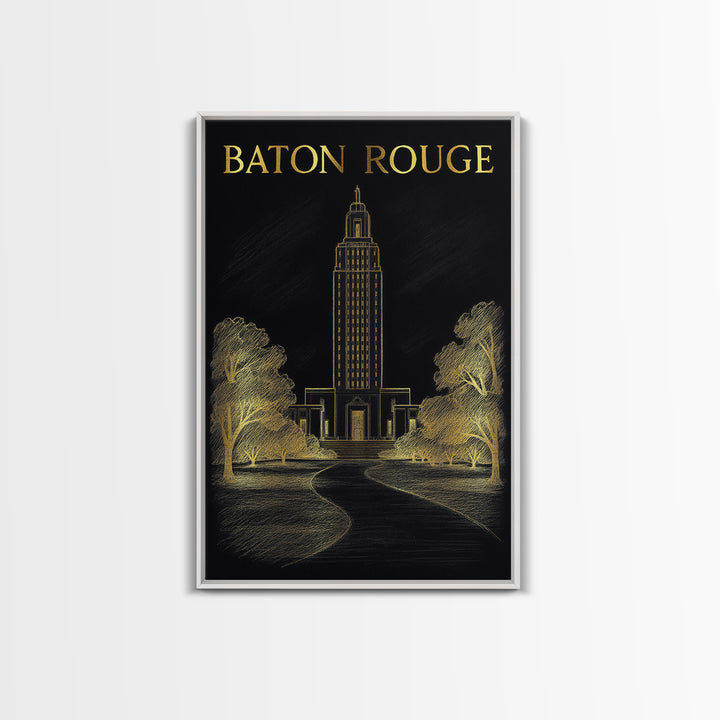 Baton Rouge Louisiana Travel Poster, Canvas Print, Black And Gold Line Art, Baton Rouge Travel Art, Home Office Decor, Eclectic Wall Decor