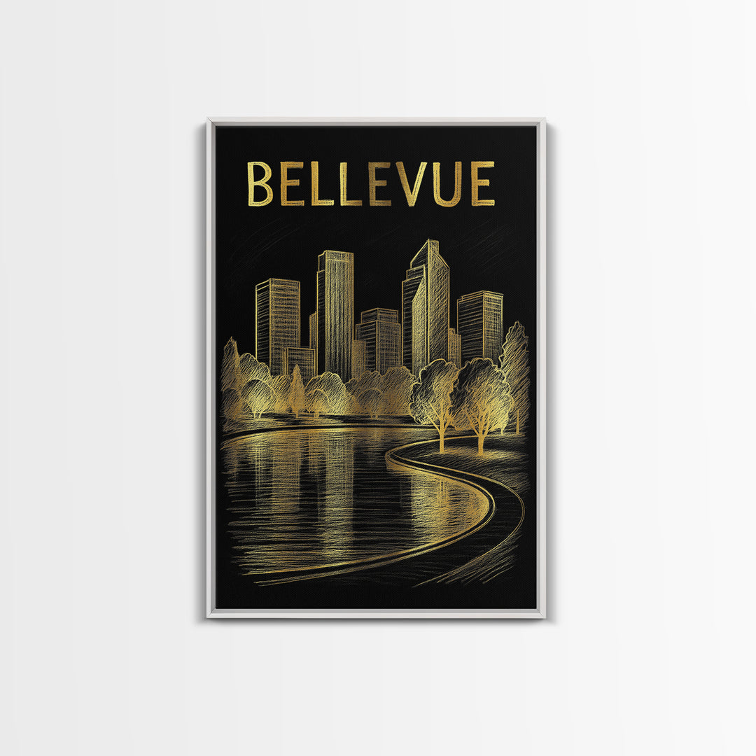 Bellevue Washington Travel Poster, Canvas Print, Black And Gold Line Art, Bellevue City Art, Travel Art Print, Travel Wall Decor, Design 1