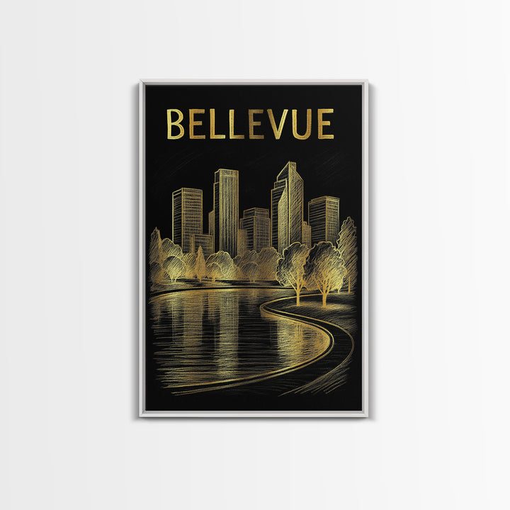 Bellevue Washington Travel Poster, Canvas Print, Black And Gold Line Art, Bellevue City Art, Travel Art Print, Travel Wall Decor, Design 1