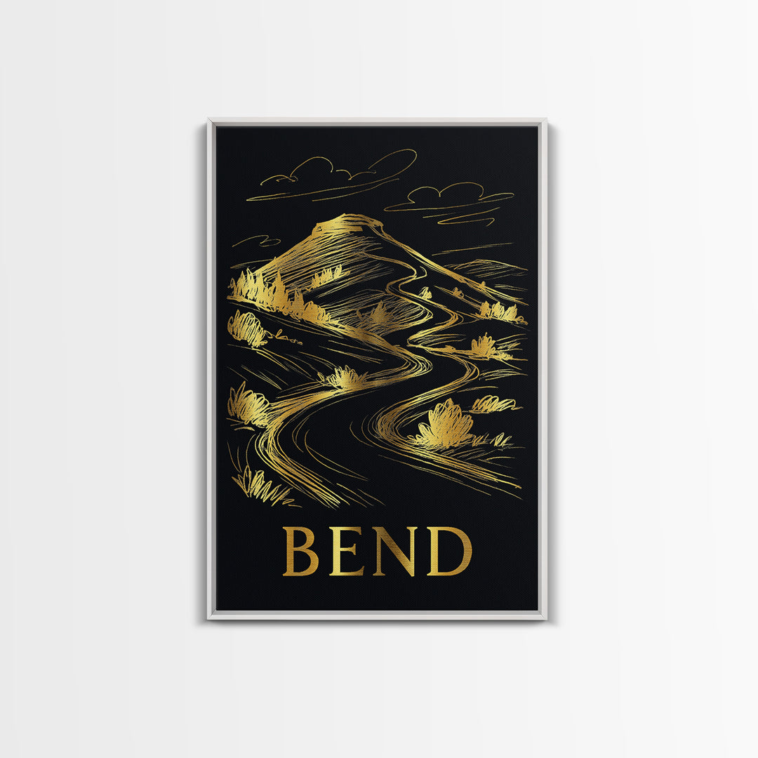 Bend Travel Poster, Framed Canvas Print, Elegant Gold City Art, Bend Wall Art, City Travel Prints, Living Room Wall Art, City Art Print