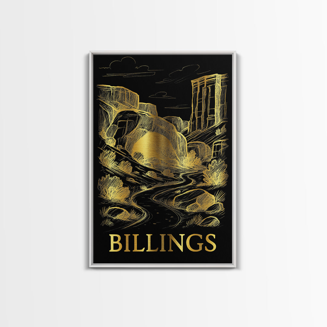 Billings Travel Poster, Framed Canvas Print, Black And Gold Line Art, Billings Travel Art, Retro Travel Print, Travel Poster Set