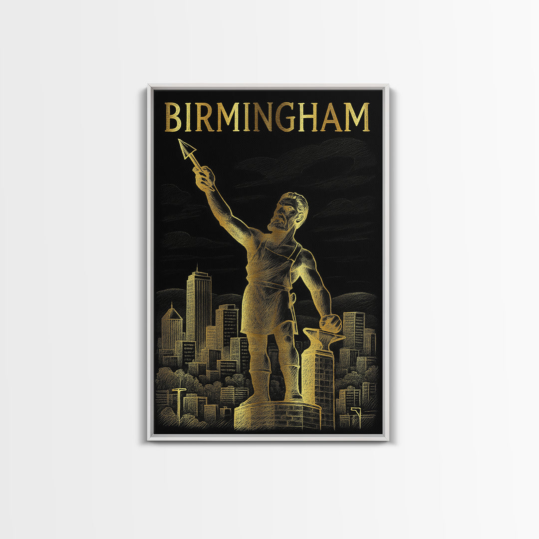 Birmingham Alabama Travel Poster, Framed Canvas Print, Elegant Gold City Art, Birmingham Art Print, Retro Travel Print, Travel Wall Decor