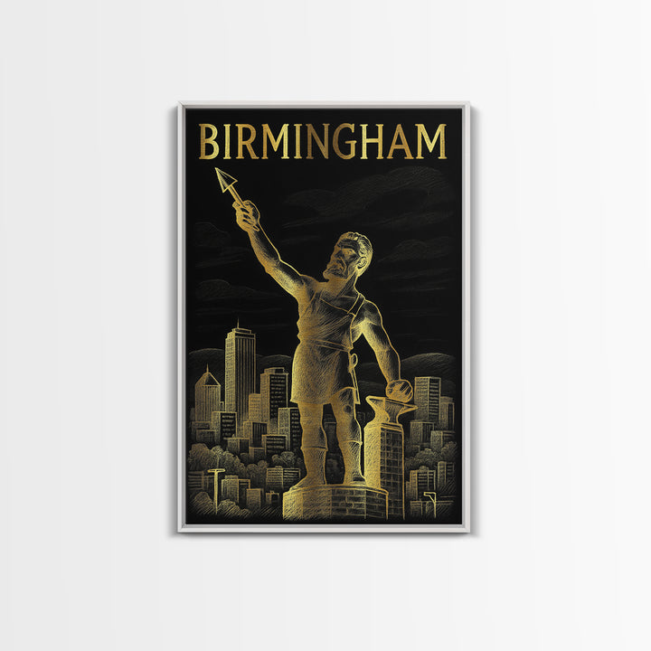 Birmingham Alabama Travel Poster, Framed Canvas Print, Elegant Gold City Art, Birmingham Art Print, Retro Travel Print, Travel Wall Decor