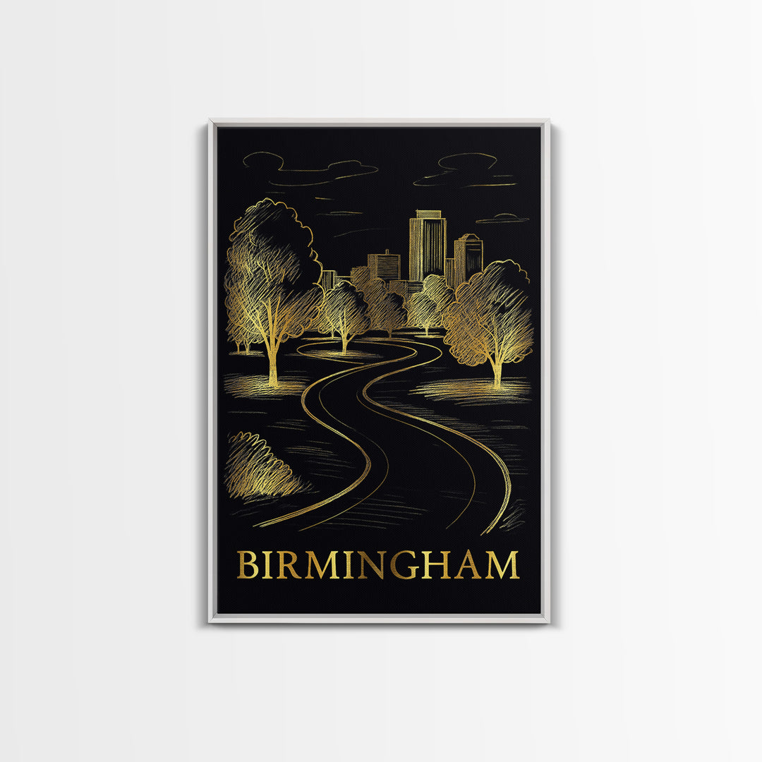 Birmingham Travel Poster, Framed Canvas Print, Elegant Gold City Art, Birmingham Travel Art, Modern Wall Decor, Living Room Wall Art