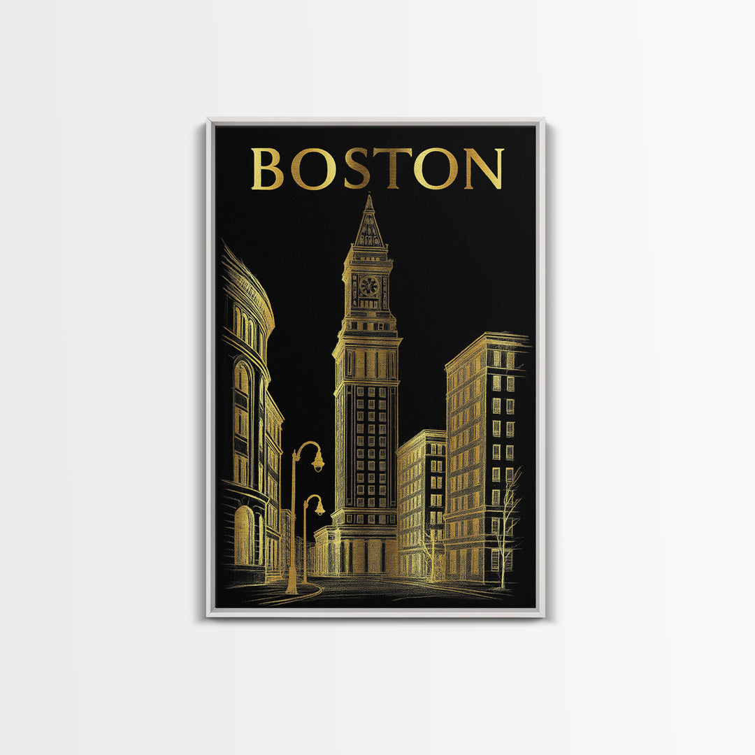 Boston Massachusetts Travel Poster, Canvas Print, Black And Gold Line Art, Boston Art Print, Wall Art, Fine Art Print, Wall Decor