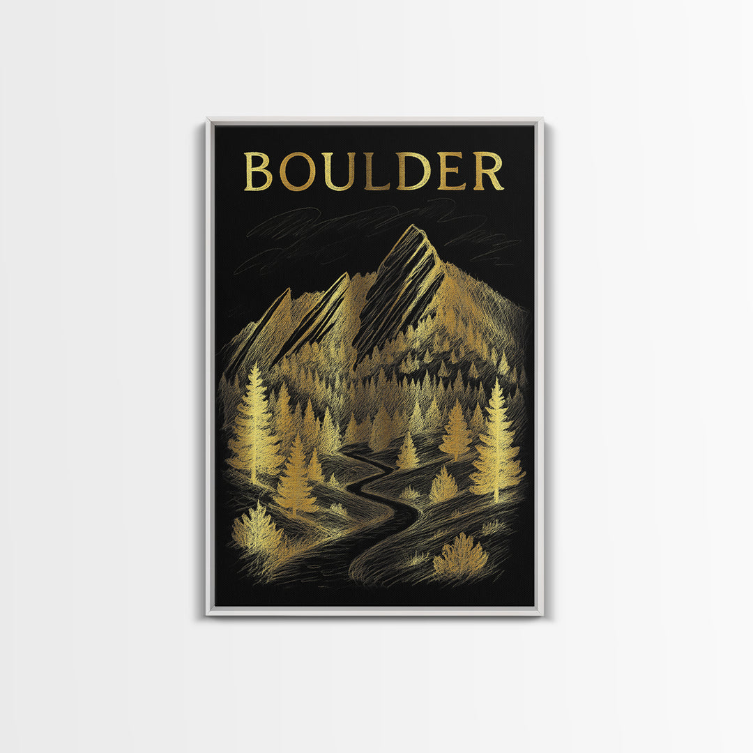 Boulder Colorado Travel Poster, Framed Canvas Print, Black And Gold Line Art, Boulder Travel Art, City Illustration, Mid Century Wall Art