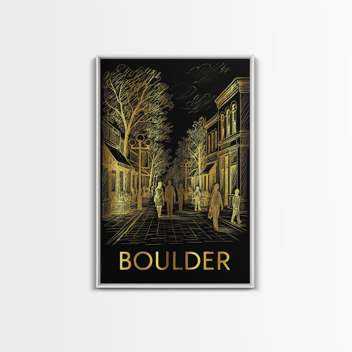 Boulder Travel Poster, Canvas Print, Elegant Gold City Art, Boulder Poster Print, Watercolor Urban Skyline, Travel Wall Art, Poster Art