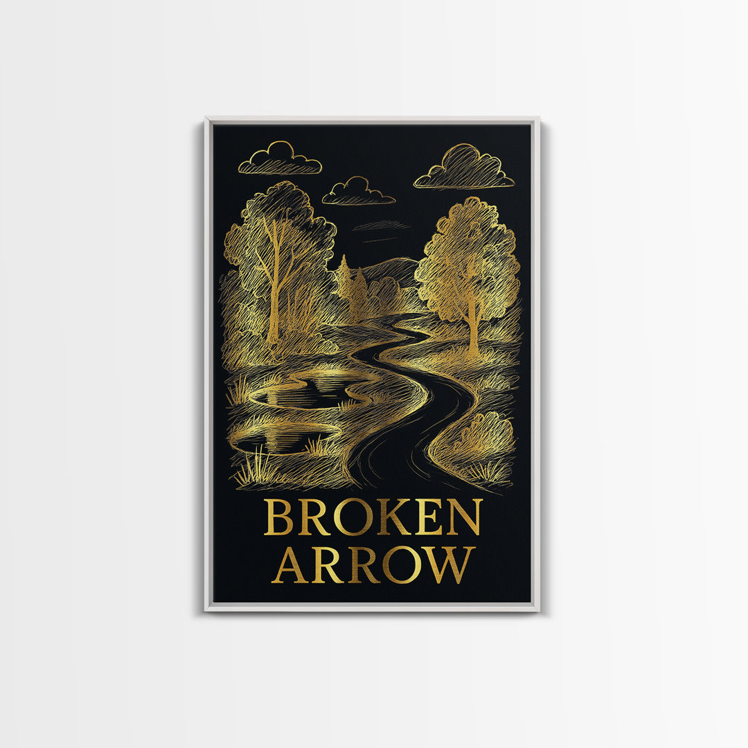 Broken Arrow Oklahoma Travel Poster, Canvas Print, Black And Gold Line Art, Broken Arrow Poster Print, City Travel Prints, Fine Art Print