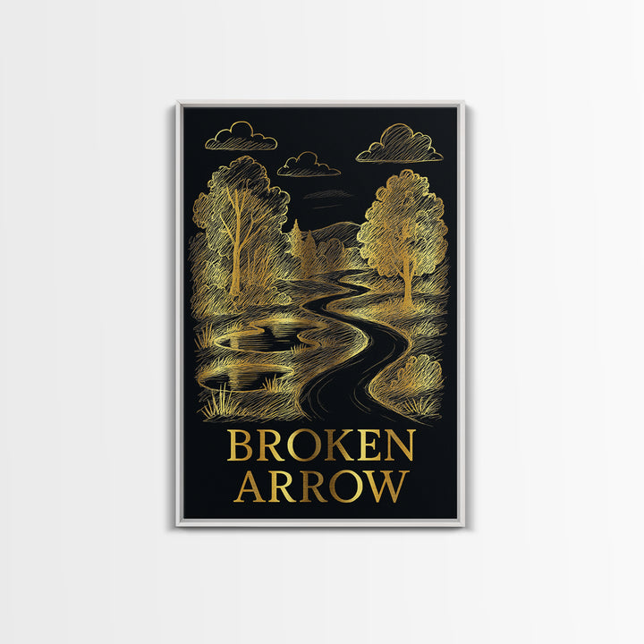 Broken Arrow Oklahoma Travel Poster, Canvas Print, Black And Gold Line Art, Broken Arrow Poster Print, City Travel Prints, Fine Art Print
