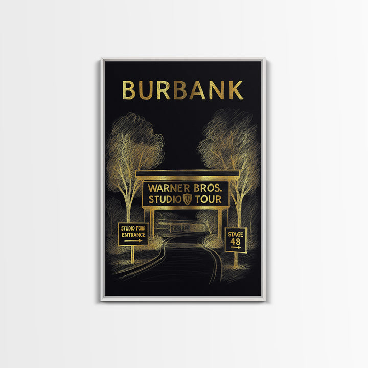 Burbank California Travel Poster, Canvas Print, Gold Sketch Wall Art, Burbank City Art, Retro Travel Print, City Illustration, Office Decor
