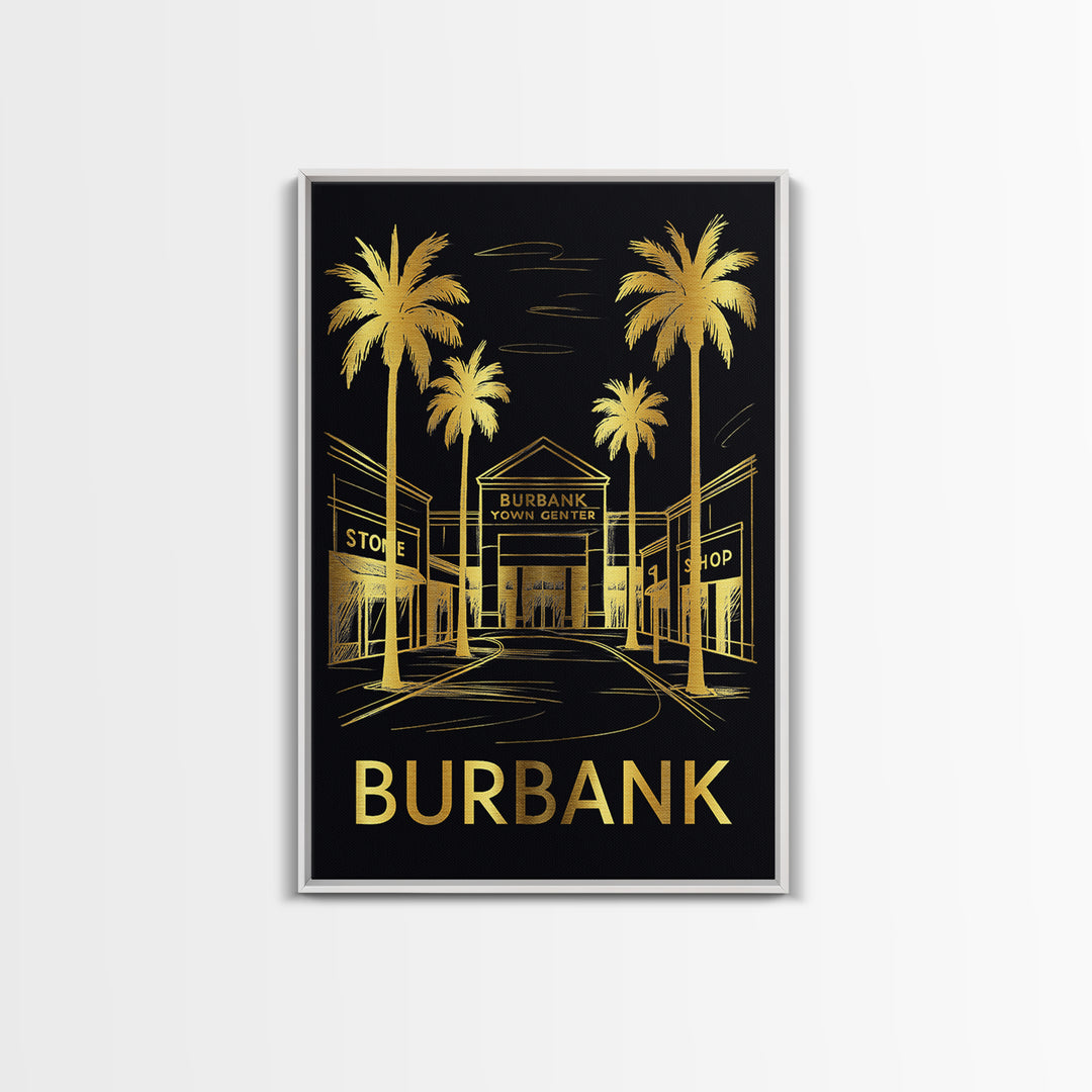 Burbank Travel Poster, Framed Canvas Print, Black And Gold Line Art, Burbank Wall Art, Vintage City Art, Retro Travel Print, Travel Gift