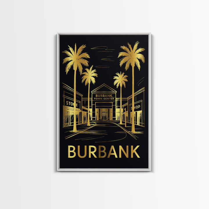 Burbank Travel Poster, Framed Canvas Print, Black And Gold Line Art, Burbank Wall Art, Vintage City Art, Retro Travel Print, Travel Gift