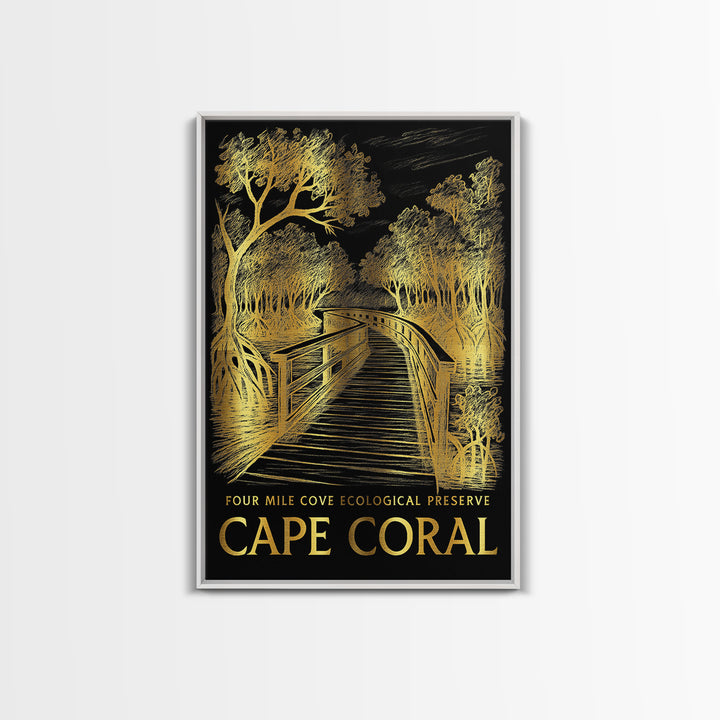 Cape Coral Travel Poster, Framed Canvas Print, Elegant Gold City Art, Cape Coral Poster Print, Travel Poster Art, Living Room Wall Art