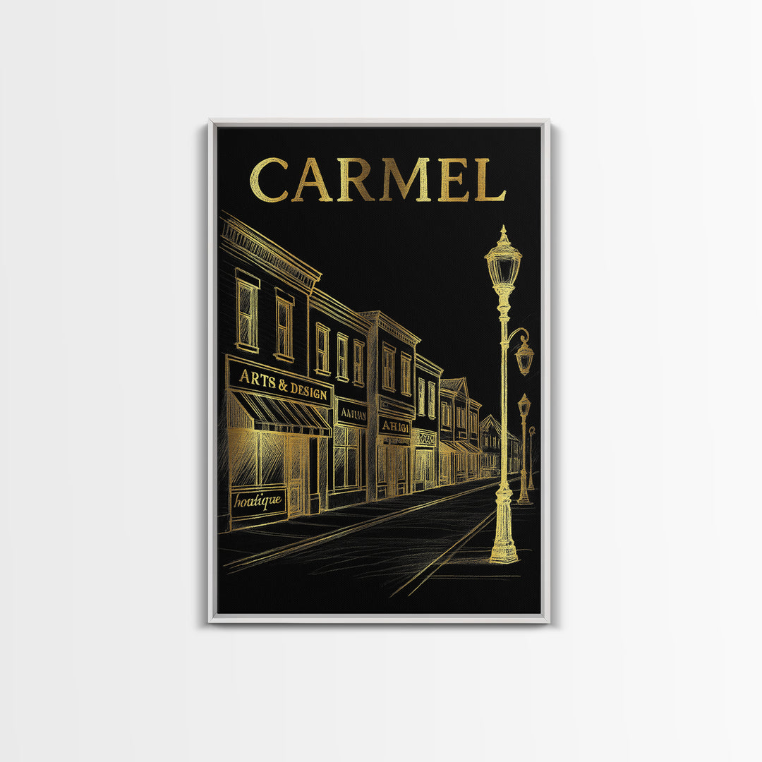 Carmel Indiana Travel Poster, Canvas Print, Elegant Gold City Art, Carmel Art Print, Retro Travel Print, Travel Wall Decor, City Art Print