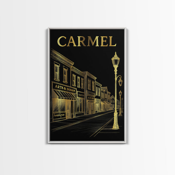 Carmel Indiana Travel Poster, Canvas Print, Elegant Gold City Art, Carmel Art Print, Retro Travel Print, Travel Wall Decor, City Art Print