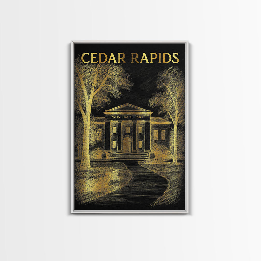 Cedar Rapids Iowa Travel Poster, Canvas Print, Elegant Gold City Art, Cedar Rapids City Art, City Travel Prints, Mid Century Wall Art