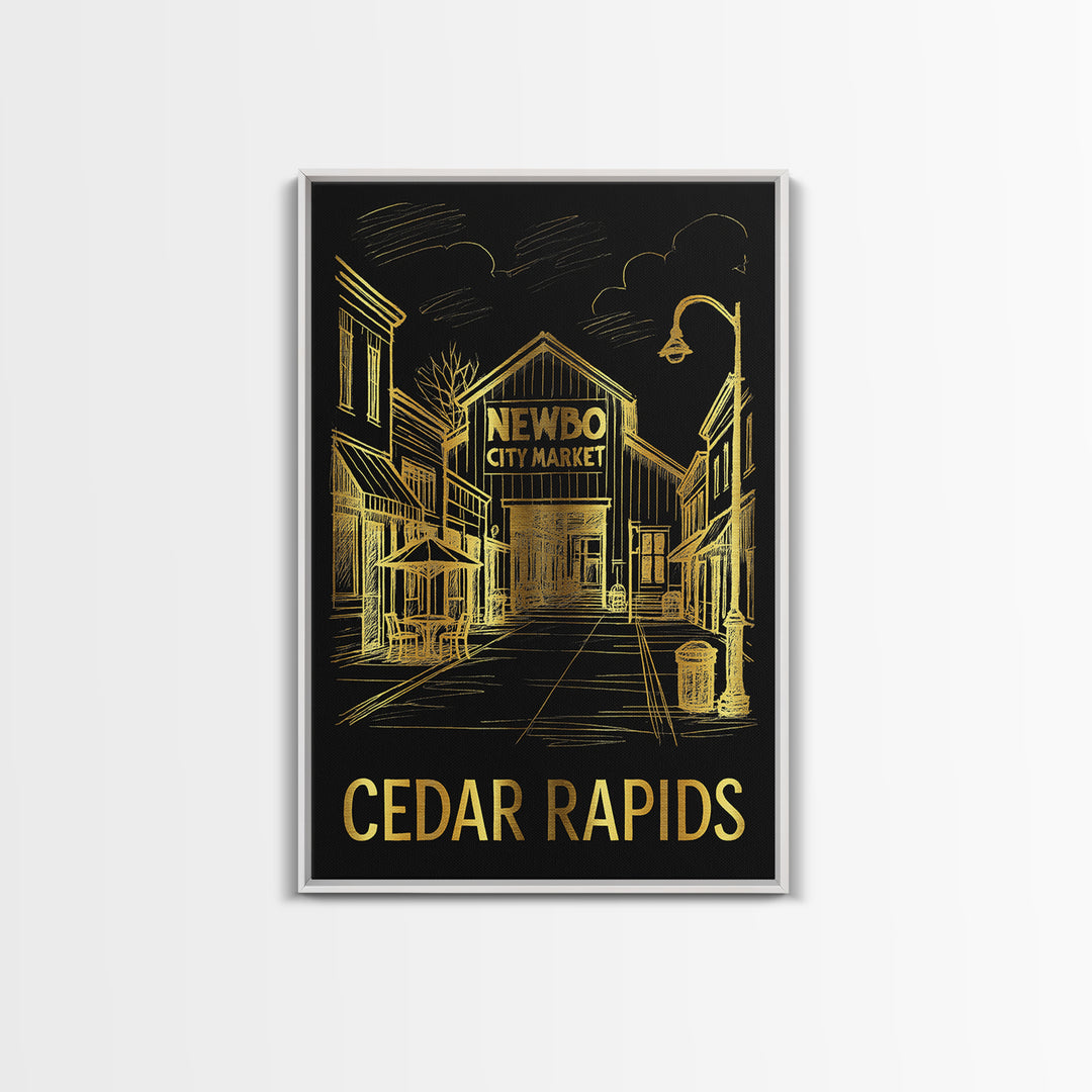 Cedar Rapids Travel Poster, Framed Canvas Print, Gold Sketch Wall Art, Cedar Rapids Art Print, Home Office Decor, Mid Century Wall Art