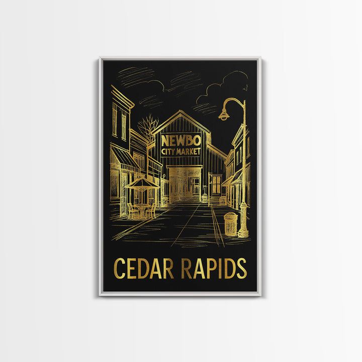 Cedar Rapids Travel Poster, Framed Canvas Print, Gold Sketch Wall Art, Cedar Rapids Art Print, Home Office Decor, Mid Century Wall Art