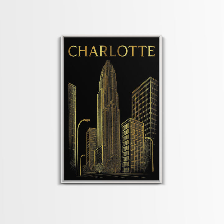 Charlotte North Carolina Travel Poster, Canvas Print, Dark Background Poster Art, Charlotte Travel Art, City Poster, Watercolor City Skyline