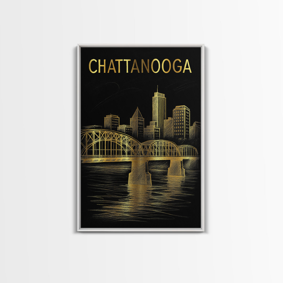 Chattanooga Tennessee Travel Poster, Canvas Print, Black And Gold Line Art, Chattanooga Wall Art, Living Room Wall Art, Travel Wall Decor