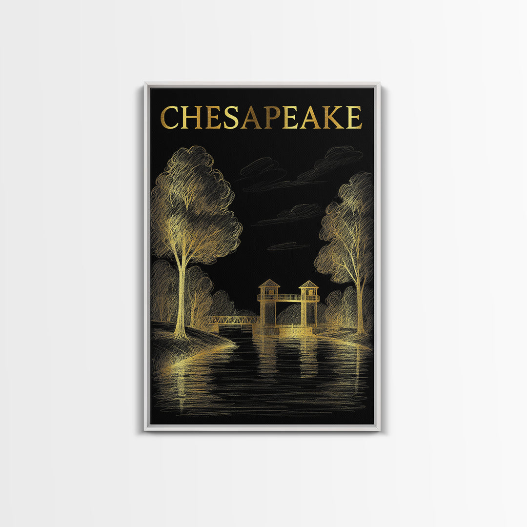 Chesapeake Virginia Travel Poster, Framed Canvas Print, Black And Gold Line Art, Chesapeake Art Print, Travel Poster Set, Vintage Travel Art