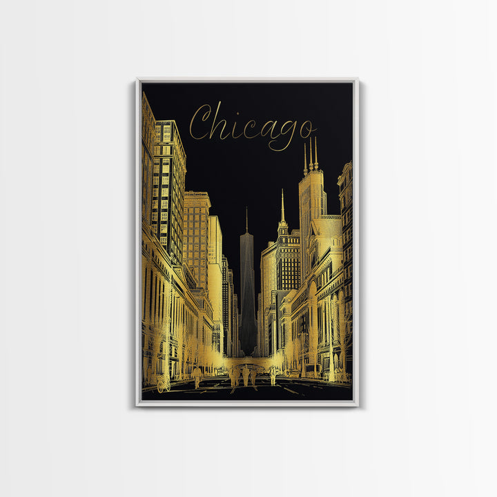 Chicago Travel Poster, Canvas Print, Elegant Gold City Art, Chicago Wall Art, Travel Poster Art, Travel Wall Decor, Travel Art Print