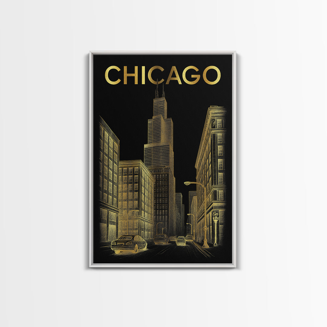 Chicago Travel Poster, Canvas Print, Elegant Gold City Art, Chicago City Art, Fine Art Print, City Travel Prints, Travel Wall Decor
