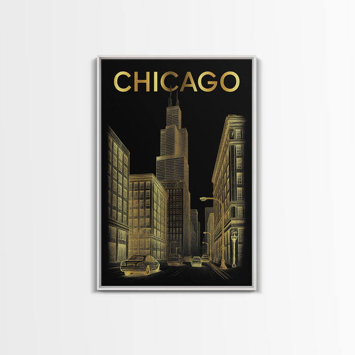 Chicago Travel Poster, Canvas Print, Elegant Gold City Art, Chicago City Art, Fine Art Print, City Travel Prints, Travel Wall Decor