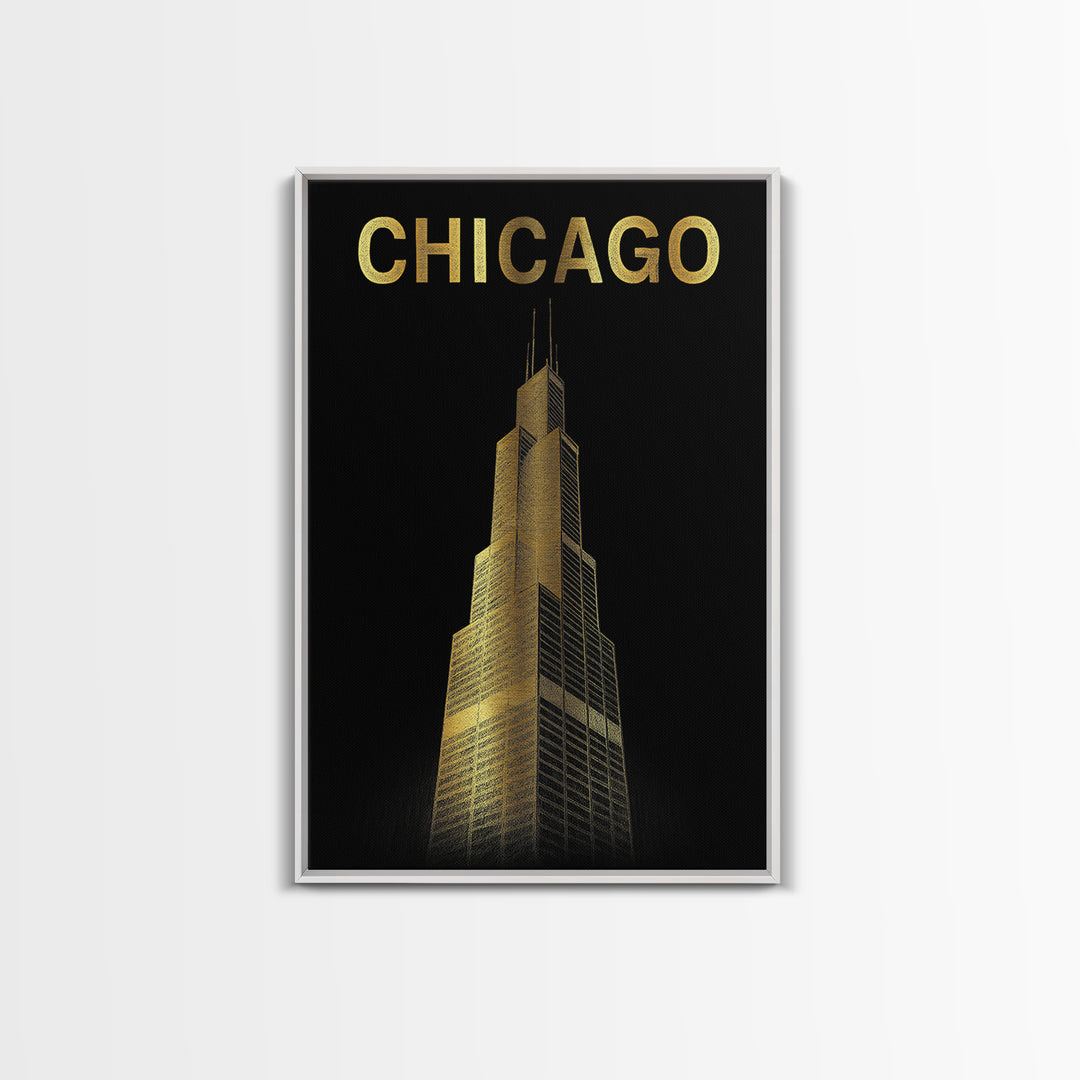 Chicago Travel Poster, Framed Canvas Print, Gold Sketch Wall Art, Chicago Travel Art, Mid Century Wall Art, Travel Poster Art, Design 6