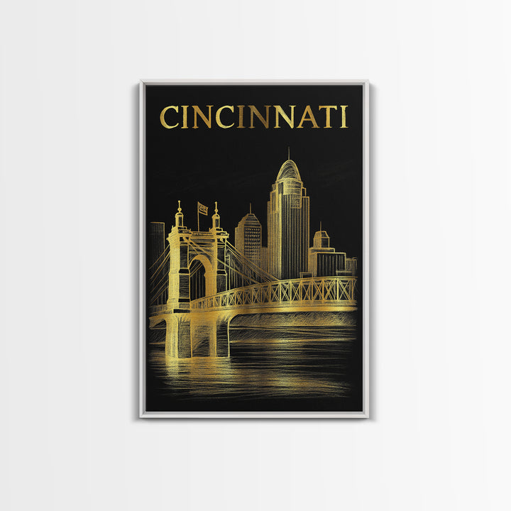 Cincinnati Ohio Travel Poster, Canvas Print, Dark Background Poster Art, Cincinnati Travel Art, Travel Art Print, Vintage Travel Print