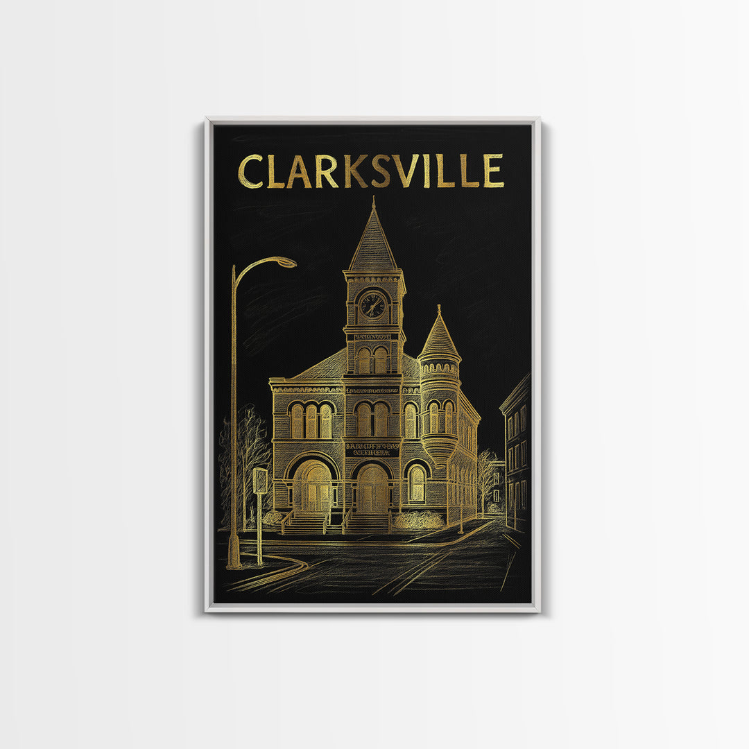 Clarksville Tennessee Travel Poster, Canvas Print, Gold Sketch Wall Art, Clarksville Travel Art, Wall Decor, City Travel Prints, Poster Art
