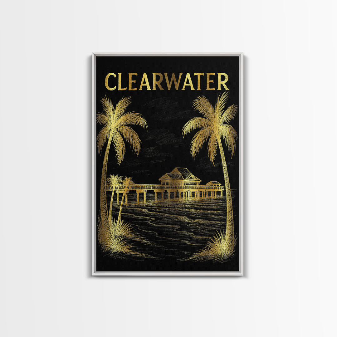 Clearwater Florida Travel Poster, Canvas Print, Dark Background Poster Art, Clearwater Poster Print, City Illustration, Vintage City Art