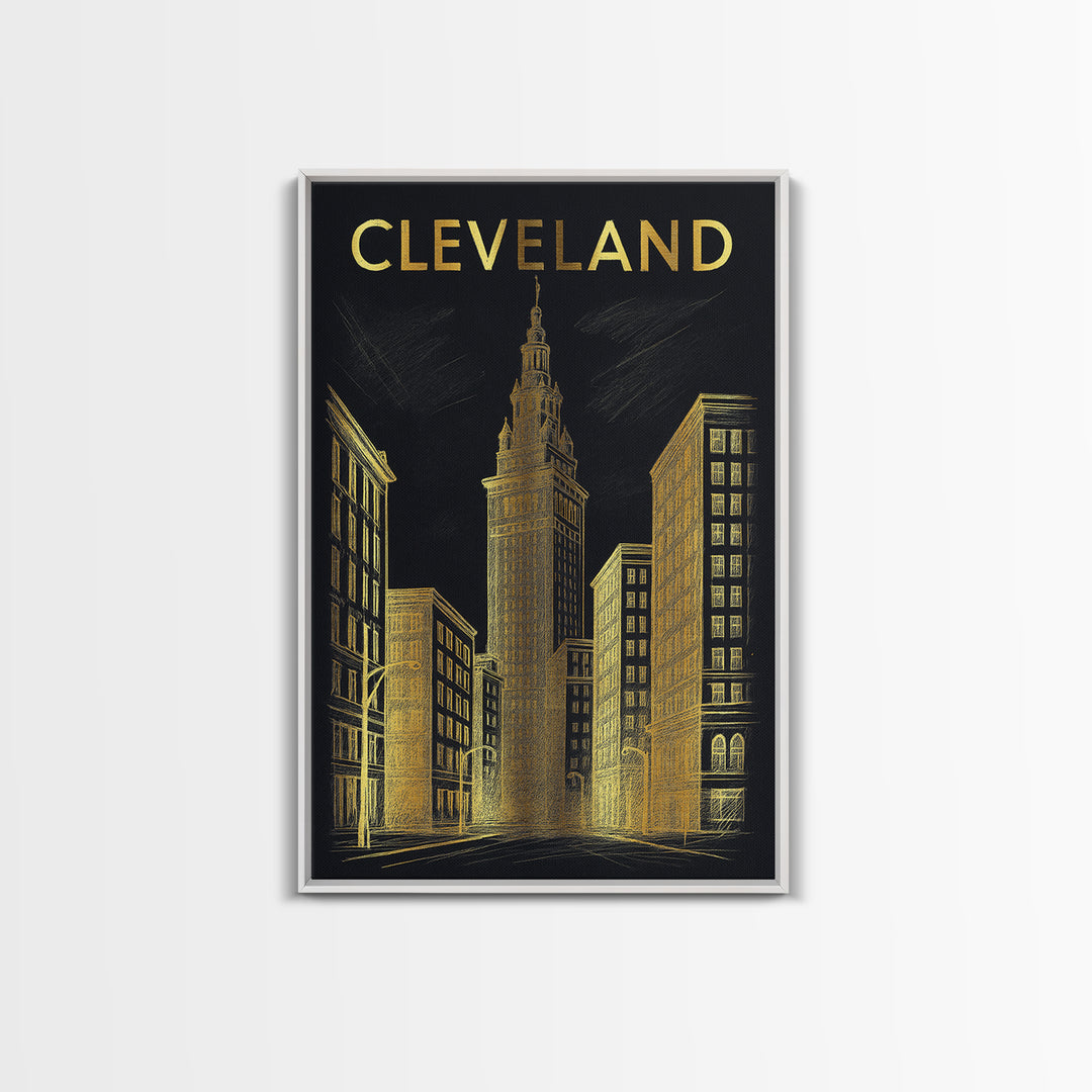 Cleveland Ohio Travel Poster, Framed Canvas Print, Elegant Gold City Art, Cleveland Wall Art, Fine Art Print, Travel Poster Set, Home Decor