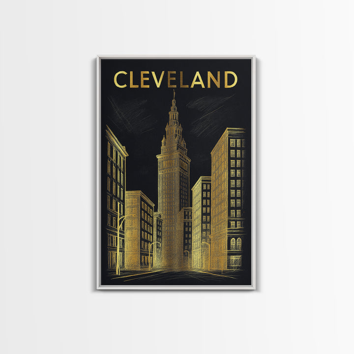 Cleveland Ohio Travel Poster, Framed Canvas Print, Elegant Gold City Art, Cleveland Wall Art, Fine Art Print, Travel Poster Set, Home Decor