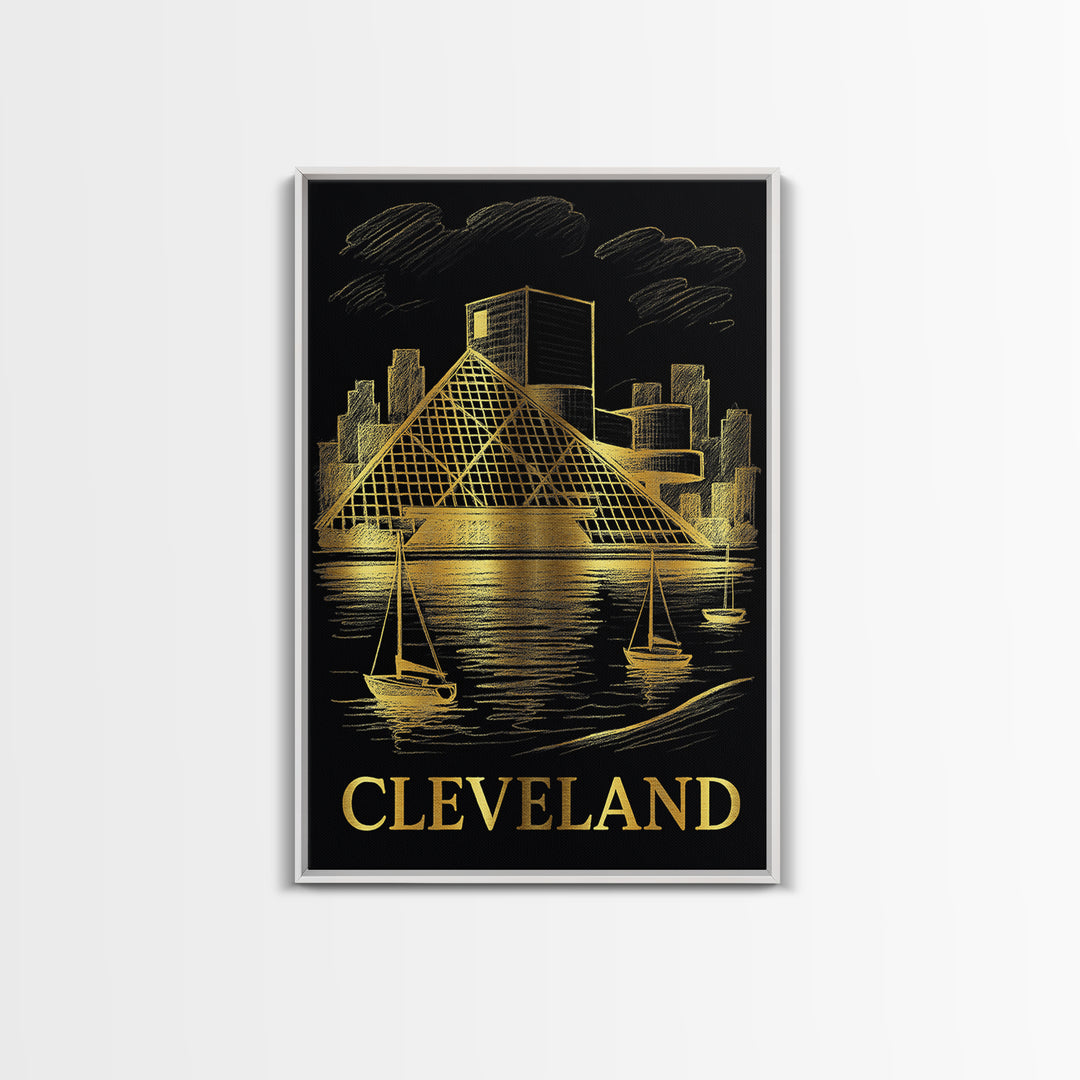 Cleveland Travel Poster, Framed Canvas Print, Gold Sketch Wall Art, Cleveland Travel Art, City Travel Prints, Mid Century Wall Art