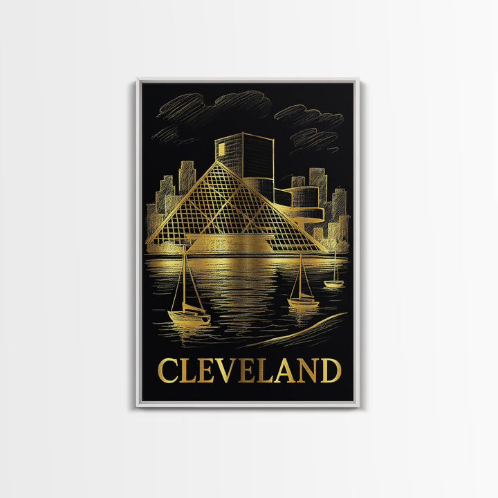 Cleveland Travel Poster, Framed Canvas Print, Gold Sketch Wall Art, Cleveland Travel Art, City Travel Prints, Mid Century Wall Art