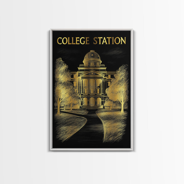 College Station Texas Travel Poster, Framed Canvas Print, Black And Gold Line Art, College Station Art Print, Eclectic Wall Decor, Art Print