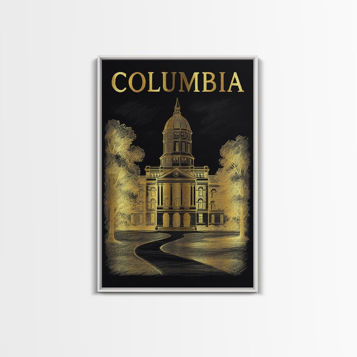 Columbia Travel Poster, Framed Canvas Print, Black And Gold Line Art, Columbia City Art, Home Office Decor, Travel Wall Decor, Design 2