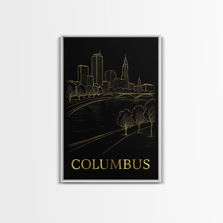 Columbus Travel Poster, Framed Canvas Print, Gold Sketch Wall Art, Columbus Art Print, Gift For Travelers, Vintage Travel Art, Design 5