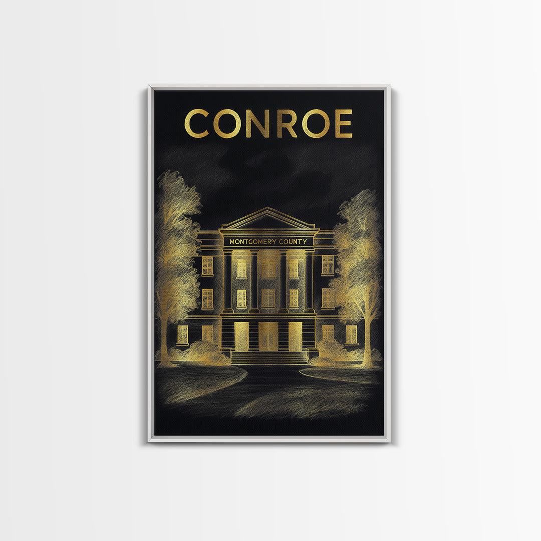 Conroe Texas Travel Poster, Canvas Print, Black And Gold Line Art, Conroe Travel Art, Travel Wall Decor, City Art Print, Travel Poster Art