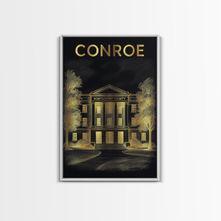 Conroe Texas Travel Poster, Canvas Print, Black And Gold Line Art, Conroe Travel Art, Travel Wall Decor, City Art Print, Travel Poster Art