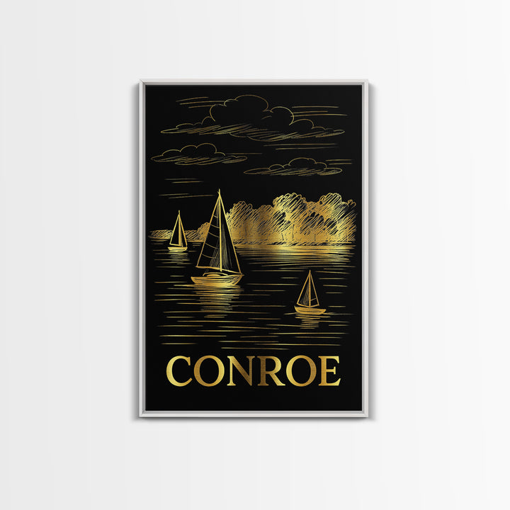 Conroe Travel Poster, Canvas Print, Black And Gold Line Art, Conroe City Art, Travel Wall Decor, Retro Travel Print, Home Office Decor