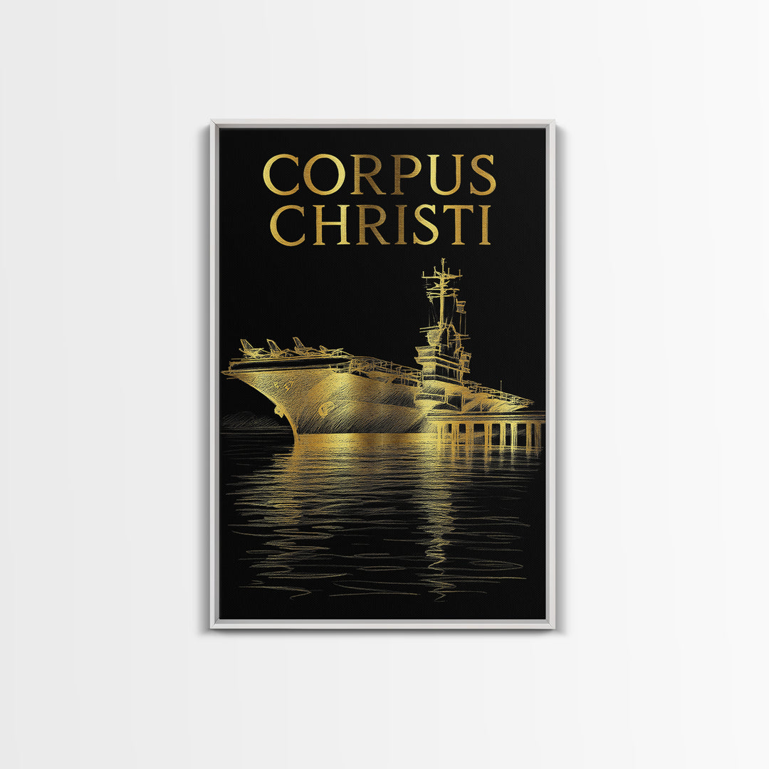 Corpus Christi Travel Poster, Framed Canvas Print, Elegant Gold City Art, Corpus Christi Art Print, Travel Wall Decor, Living Room Wall Art