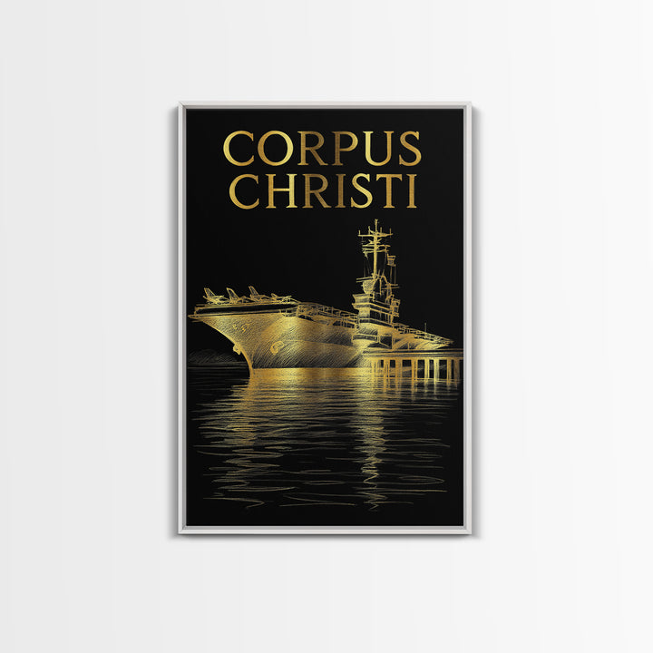 Corpus Christi Travel Poster, Framed Canvas Print, Elegant Gold City Art, Corpus Christi Art Print, Travel Wall Decor, Living Room Wall Art