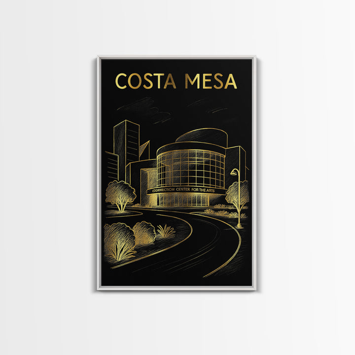 Costa Mesa California Travel Poster, Framed Canvas Print, Gold Sketch Wall Art, Costa Mesa City Art, Travel Poster Art, Mid Century Wall Art